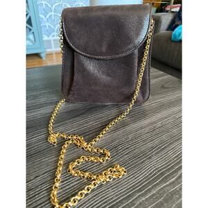 VAN ELi Chocolate Brown Textured Leather Gold Chain Crossbody